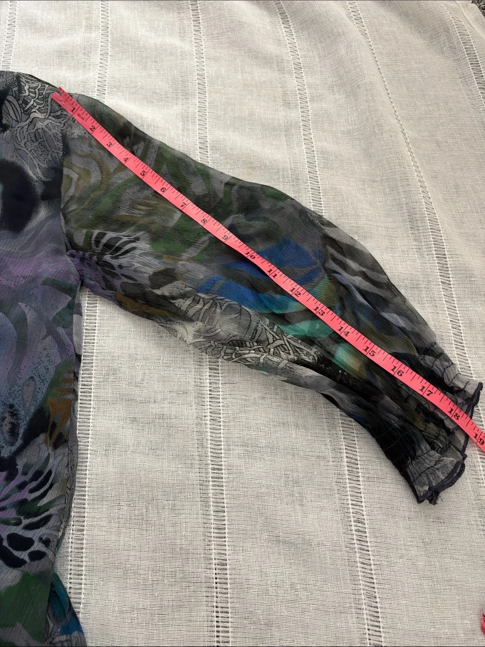 Blue Velvet Silk Sheer Ruffle-Front Blouse in Blue and Green Abstract